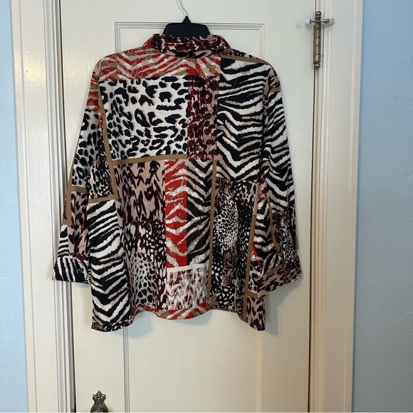 Allison Daley Shirt Button Up Animal Print Tan & Black Patchwork Size PXL - Picture 3 of 12